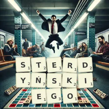 Kreatywna ilustracja do gry w Scrabble ze słowem STERDYŃSKIEGO ułożonym z płytek na planszy.