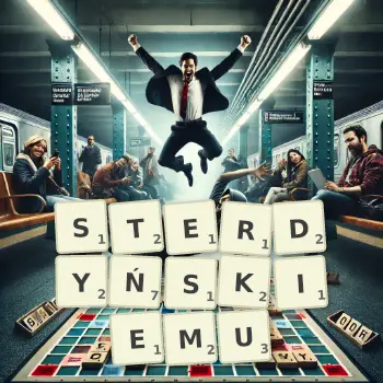 Kreatywna ilustracja do gry w Scrabble ze słowem STERDYŃSKIEMU ułożonym z płytek na planszy.