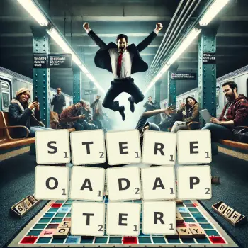 Kreatywna ilustracja do gry w Scrabble ze słowem STEREOADAPTER ułożonym z płytek na planszy.