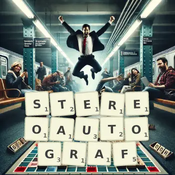 Kreatywna ilustracja do gry w Scrabble ze słowem STEREOAUTOGRAF ułożonym z płytek na planszy.