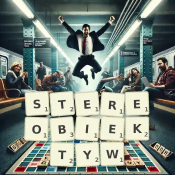 Kreatywna ilustracja do gry w Scrabble ze słowem STEREOBIEKTYW ułożonym z płytek na planszy.