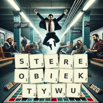 Kreatywna ilustracja do gry w Scrabble ze słowem STEREOBIEKTYWU ułożonym z płytek na planszy.