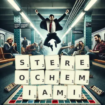 Kreatywna ilustracja do gry w Scrabble ze słowem STEREOCHEMIAMI ułożonym z płytek na planszy.