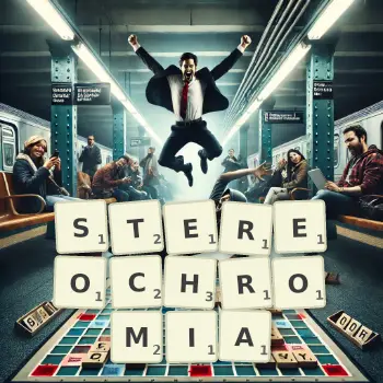 Kreatywna ilustracja do gry w Scrabble ze słowem STEREOCHROMIA ułożonym z płytek na planszy.