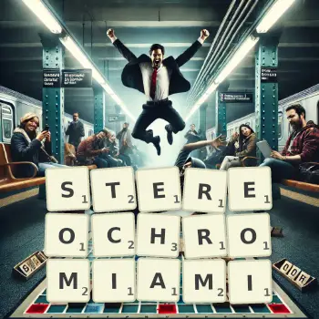 Kreatywna ilustracja do gry w Scrabble ze słowem STEREOCHROMIAMI ułożonym z płytek na planszy.