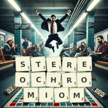 Kreatywna ilustracja do gry w Scrabble ze słowem STEREOCHROMIOM ułożonym z płytek na planszy.