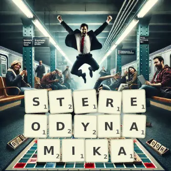 Kreatywna ilustracja do gry w Scrabble ze słowem STEREODYNAMIKA ułożonym z płytek na planszy.