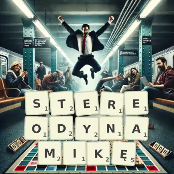 Kreatywna ilustracja do gry w Scrabble ze słowem STEREODYNAMIKĘ ułożonym z płytek na planszy.