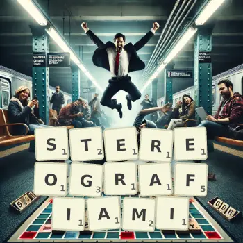 Kreatywna ilustracja do gry w Scrabble ze słowem STEREOGRAFIAMI ułożonym z płytek na planszy.