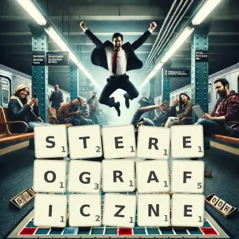 Kreatywna ilustracja do gry w Scrabble ze słowem STEREOGRAFICZNE ułożonym z płytek na planszy.