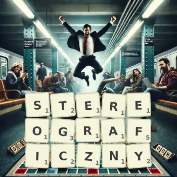 Kreatywna ilustracja do gry w Scrabble ze słowem STEREOGRAFICZNY ułożonym z płytek na planszy.