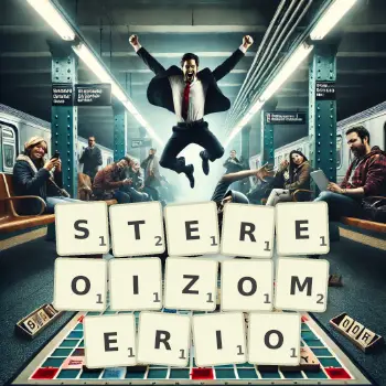 Kreatywna ilustracja do gry w Scrabble ze słowem STEREOIZOMERIO ułożonym z płytek na planszy.