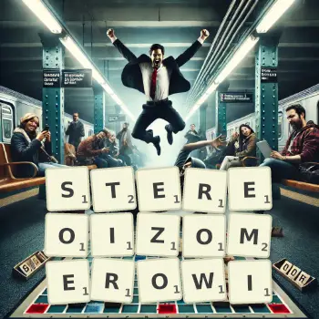 Kreatywna ilustracja do gry w Scrabble ze słowem STEREOIZOMEROWI ułożonym z płytek na planszy.