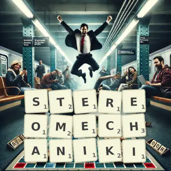 Kreatywna ilustracja do gry w Scrabble ze słowem STEREOMECHANIKI ułożonym z płytek na planszy.