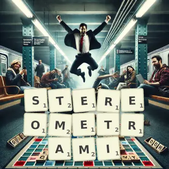 Kreatywna ilustracja do gry w Scrabble ze słowem STEREOMETRAMI ułożonym z płytek na planszy.