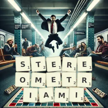 Kreatywna ilustracja do gry w Scrabble ze słowem STEREOMETRIAMI ułożonym z płytek na planszy.