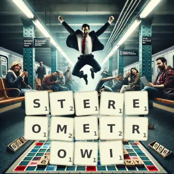 Kreatywna ilustracja do gry w Scrabble ze słowem STEREOMETROWI ułożonym z płytek na planszy.