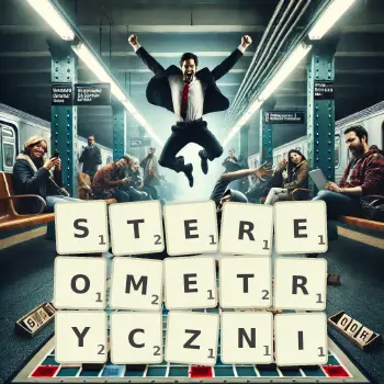 Kreatywna ilustracja do gry w Scrabble ze słowem STEREOMETRYCZNI ułożonym z płytek na planszy.