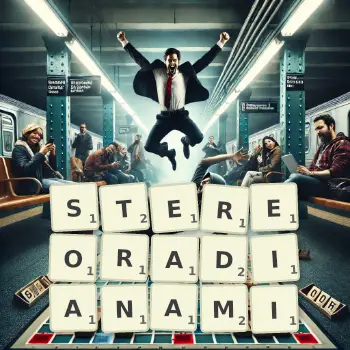 Kreatywna ilustracja do gry w Scrabble ze słowem STEREORADIANAMI ułożonym z płytek na planszy.