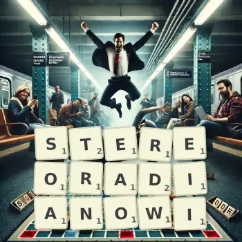 Kreatywna ilustracja do gry w Scrabble ze słowem STEREORADIANOWI ułożonym z płytek na planszy.