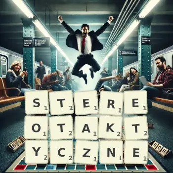 Kreatywna ilustracja do gry w Scrabble ze słowem STEREOTAKTYCZNE ułożonym z płytek na planszy.