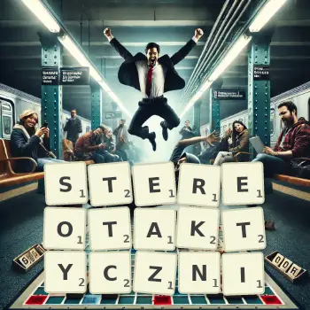 Kreatywna ilustracja do gry w Scrabble ze słowem STEREOTAKTYCZNI ułożonym z płytek na planszy.