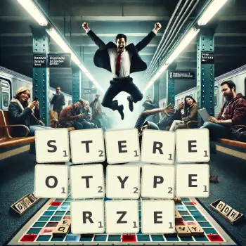 Kreatywna ilustracja do gry w Scrabble ze słowem STEREOTYPERZE ułożonym z płytek na planszy.