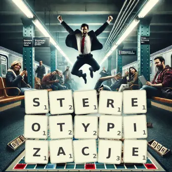 Kreatywna ilustracja do gry w Scrabble ze słowem STEREOTYPIZACJE ułożonym z płytek na planszy.