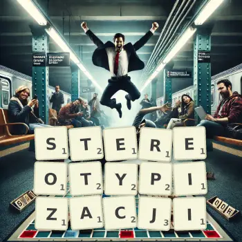 Kreatywna ilustracja do gry w Scrabble ze słowem STEREOTYPIZACJI ułożonym z płytek na planszy.