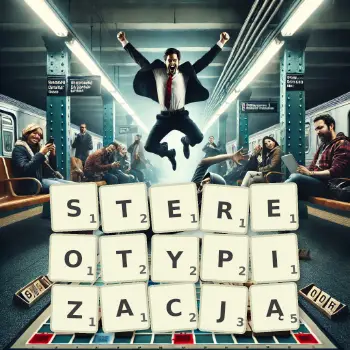Kreatywna ilustracja do gry w Scrabble ze słowem STEREOTYPIZACJĄ ułożonym z płytek na planszy.