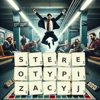Kreatywna ilustracja do gry w Scrabble ze słowem STEREOTYPIZACYJ ułożonym z płytek na planszy.