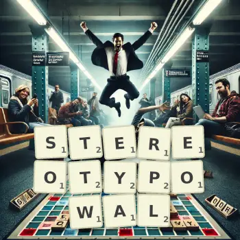 Kreatywna ilustracja do gry w Scrabble ze słowem STEREOTYPOWAL ułożonym z płytek na planszy.