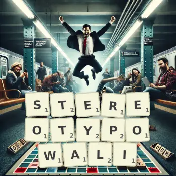 Kreatywna ilustracja do gry w Scrabble ze słowem STEREOTYPOWALI ułożonym z płytek na planszy.