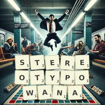 Kreatywna ilustracja do gry w Scrabble ze słowem STEREOTYPOWANA ułożonym z płytek na planszy.