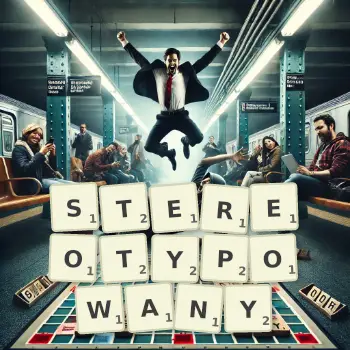 Kreatywna ilustracja do gry w Scrabble ze słowem STEREOTYPOWANY ułożonym z płytek na planszy.