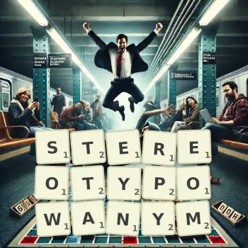 Kreatywna ilustracja do gry w Scrabble ze słowem STEREOTYPOWANYM ułożonym z płytek na planszy.