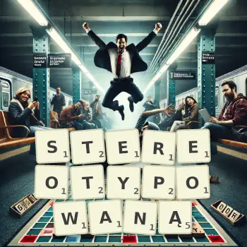 Kreatywna ilustracja do gry w Scrabble ze słowem STEREOTYPOWANĄ ułożonym z płytek na planszy.