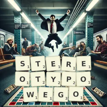 Kreatywna ilustracja do gry w Scrabble ze słowem STEREOTYPOWEGO ułożonym z płytek na planszy.