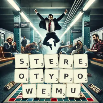 Kreatywna ilustracja do gry w Scrabble ze słowem STEREOTYPOWEMU ułożonym z płytek na planszy.