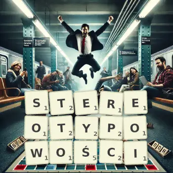 Kreatywna ilustracja do gry w Scrabble ze słowem STEREOTYPOWOŚCI ułożonym z płytek na planszy.