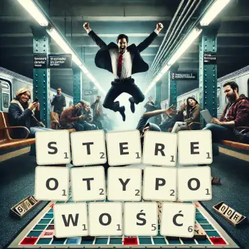 Kreatywna ilustracja do gry w Scrabble ze słowem STEREOTYPOWOŚĆ ułożonym z płytek na planszy.