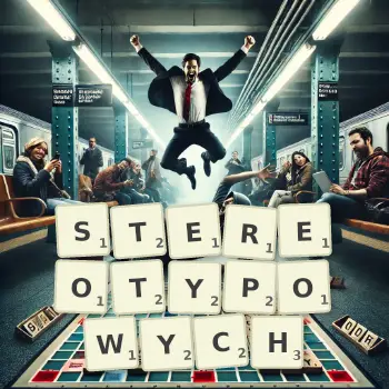 Kreatywna ilustracja do gry w Scrabble ze słowem STEREOTYPOWYCH ułożonym z płytek na planszy.