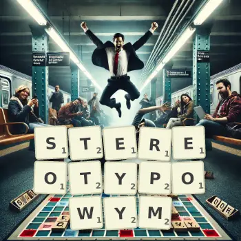 Kreatywna ilustracja do gry w Scrabble ze słowem STEREOTYPOWYM ułożonym z płytek na planszy.