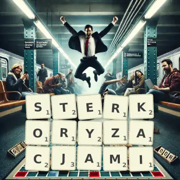 Kreatywna ilustracja do gry w Scrabble ze słowem STERKORYZACJAMI ułożonym z płytek na planszy.