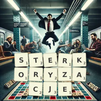 Kreatywna ilustracja do gry w Scrabble ze słowem STERKORYZACJE ułożonym z płytek na planszy.