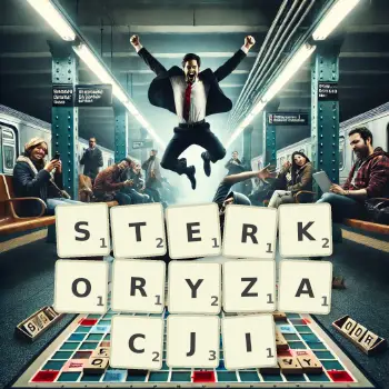 Kreatywna ilustracja do gry w Scrabble ze słowem STERKORYZACJI ułożonym z płytek na planszy.