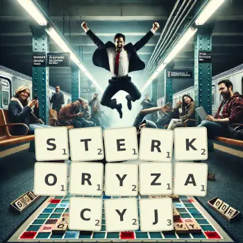Kreatywna ilustracja do gry w Scrabble ze słowem STERKORYZACYJ ułożonym z płytek na planszy.