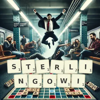 Kreatywna ilustracja do gry w Scrabble ze słowem STERLINGOWI ułożonym z płytek na planszy.