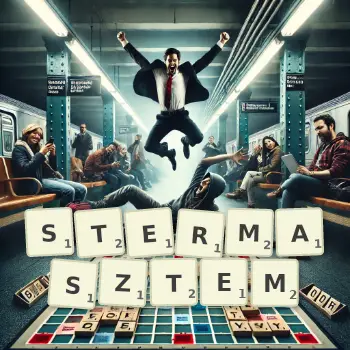 Kreatywna ilustracja do gry w Scrabble ze słowem STERMASZTEM ułożonym z płytek na planszy.