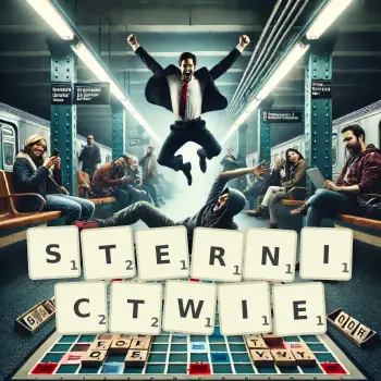 Kreatywna ilustracja do gry w Scrabble ze słowem STERNICTWIE ułożonym z płytek na planszy.